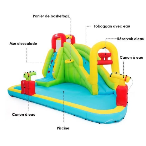 Stor uppblåsbar Oxford-tyglekplats för barn med rutschkana, vattenkanon, basketbåge, pool 400x335x230 cm