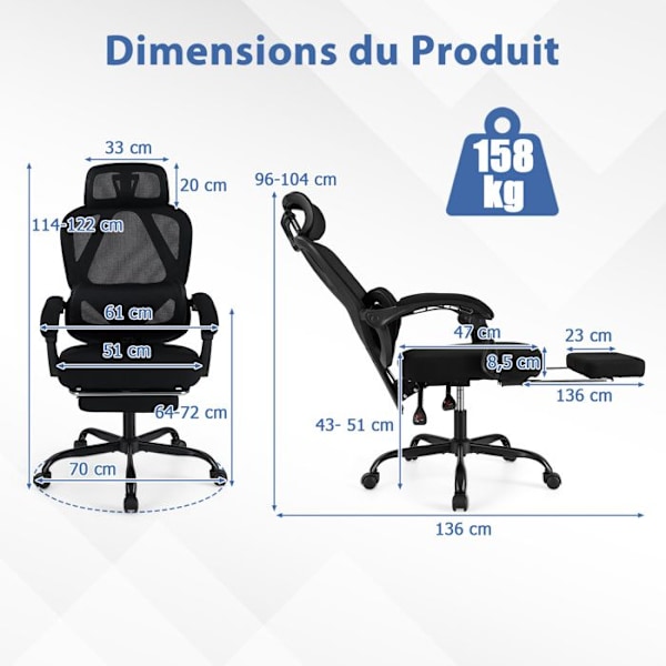COSTWAY Ergonomisk Kontorstol - Høj Mesh Ryglæn med 135° Tilt, Retractable Fodstøtte, Justerbar Lændestøtte