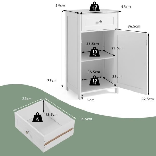COSTWAY badrumsskåp med 1 dörr och 3-positions justerbar hylla, för badrum, vardagsrum, vit, 43 x 34 x 77 cm