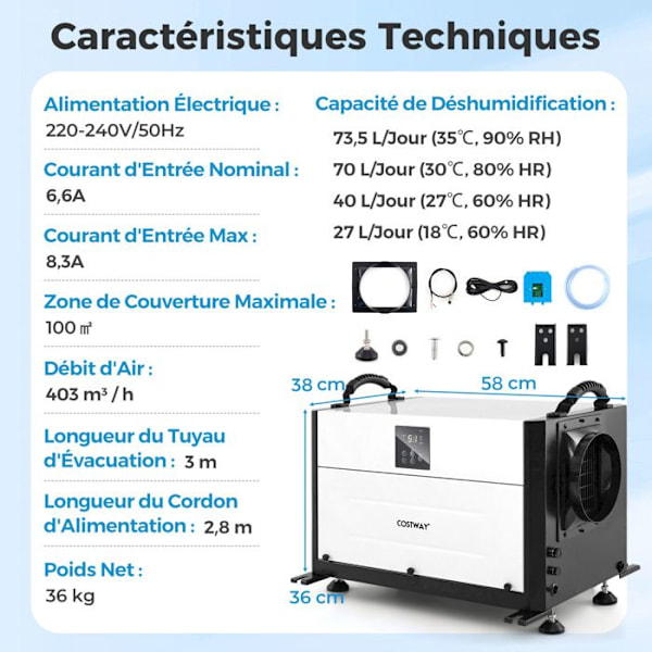 Professionel Affugter COSTWAY-73,5 L/Dag-3 Tilstande-24 Timers Timer-Forsinket Start-Op Til 100 m²-Automatisk Afrimning-Hvid