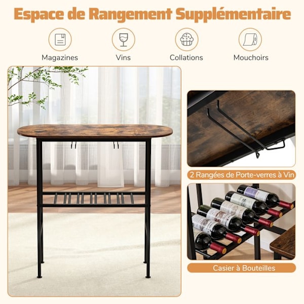 COSTWAY Ensemble 3 Stykker - Oval Spisebord og 2 Taburetter - Vinflaskeholder, Vinglasholder til Køkken, Bistro Brun