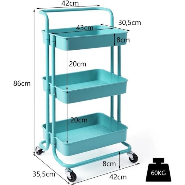 COSTWAY Opbevaringsvogn med 3 Kurve og Håndtag, Rustfri Metal Servicetrolley, Rullende Serveringsvogn Grøn
