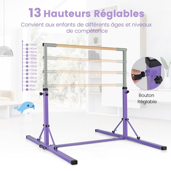 COSTWAY kokoontaittuva lasten voimistelutanko pyörillä - 13 korkeus säädettävissä 90-150 cm - kuorma 100 kg - violetti - pyökki puu metallirunko