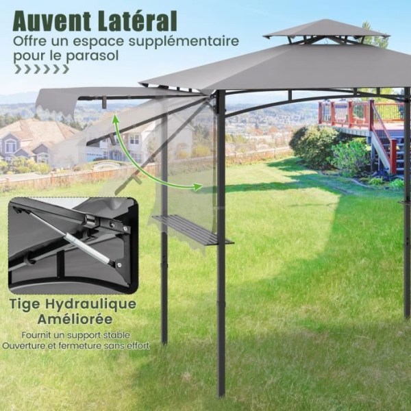 Grill Gazebo 318 x 153 cm COSTWAY-Sidmarkis-2-våningstak-2 sidohyllor-Fjädringskrokar-Flasköppnare