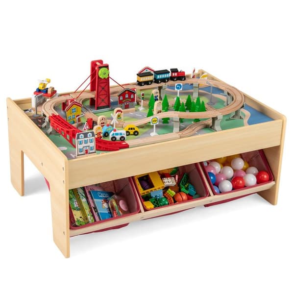 COSTWAY Børne Cirkustable 92 Multifunktionelt med 2 Vendbare Plader, 3 Stofskuffer 92 x 64 x 40