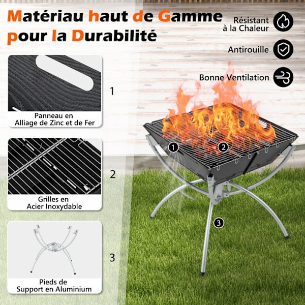 COSTWAY multifunktionel havebræt - 45 x 45 x 49 cm - Sammenfoldelig kulgrill - Grillr i rustfrit stål - Bæretaske og handsker