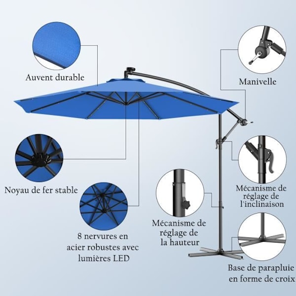 COSTWAY Udsnit Parasol 3M med 24 LED Solcellelampe i Vandtæt Polyester Højde 250CM med 8 Jernstænger Blå Blå