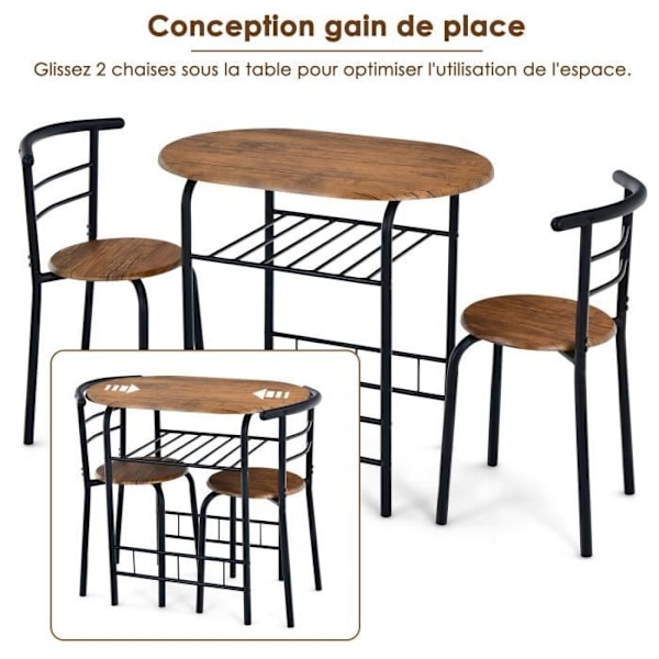 COSTWAY Spisebordsensemble med 2 Stole, Køkkenbord: 80 x 53 x 75 cm (L x B x H) Brun + Sort Metalramme Brun + Svart