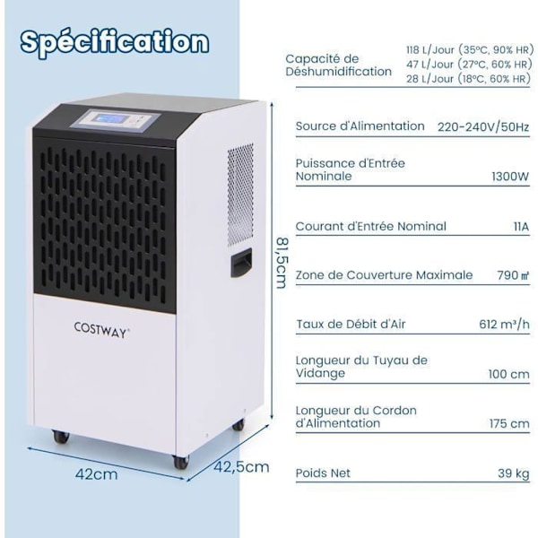 Professionell avfuktare COSTWAY-118 L-Timer 24 H-Max täckning 790M²-Automatiskt avfrostning-Auto-dränering-Kontrollpanel-Vit Vit