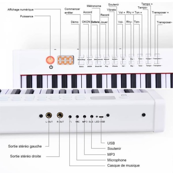 COSTWAY Bärbar elektronisk klaviatur 88 viktade tangenter Bluetooth-funktion MIDI-gränssnitt Högtalare Sustain Pedal Vit