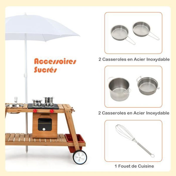 COSTWAY Børnehandler med tilbehør - Restaurantvogn med parasol til gadesælgere Træ 114 x 48 x 66 CM (L x B x H) Beige