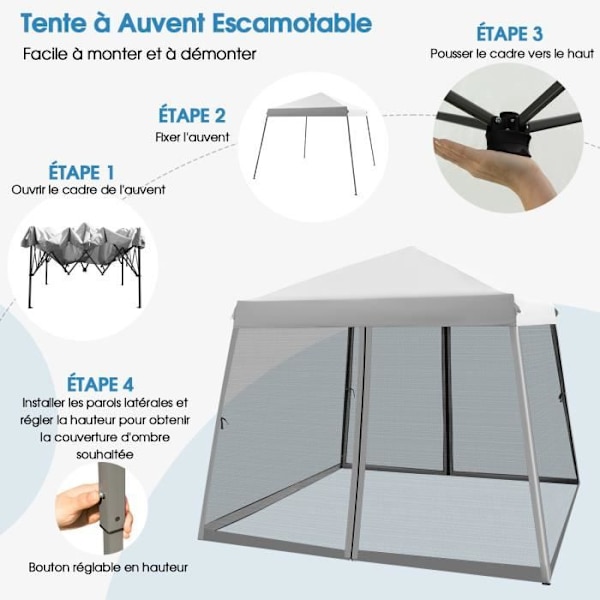 COSTWAY Instant Folding Barnum Gazebo 3x3 m - Mesh sidoväggar - Lutande ben - Hjulförsedd väska - Höjdjusterbar - Grå Vit