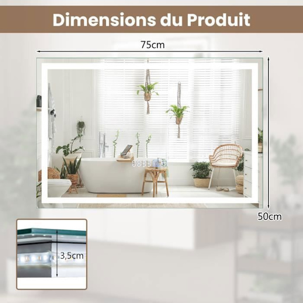 COSTWAY 75 x 50 cm Badrumsspegel 3000-6000k, Minnesfunktion, Tid/Temperatur Display, Touch Switch, IP44