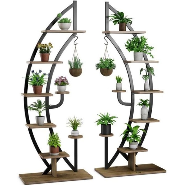 COSTWAY Set med 2 blomställ i metall 7 våningar halvmånformad växthållare med tippskydd