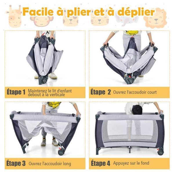 COSTWAY hopfällbar babyparaplysäng 4 i 1 vagga/skötbord Lekhage lutningsfunktion med madrass, Play Arch Bag grå Grå