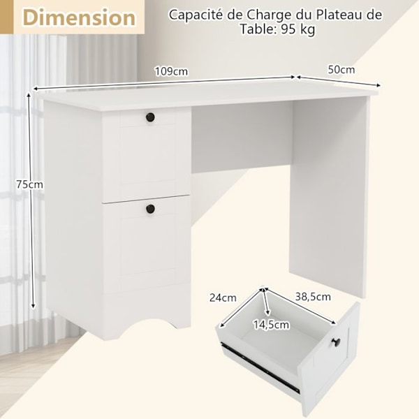 COSTWAY computerbord med 2 opbevaringsskuffer, 109 x 50 x 75 cm, enkelt og moderne, hvid