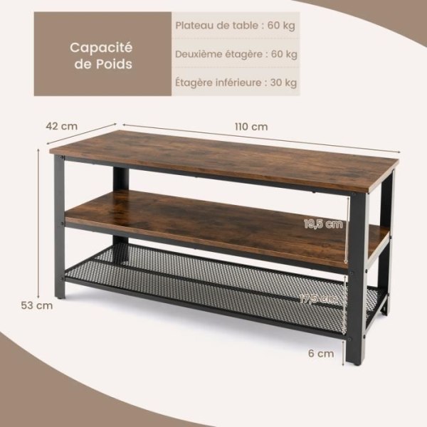 COSTWAY 3-lags opbevaringshylder - tv-stativ op til 50" - metalramme, justerbare benpuder - industriel stil