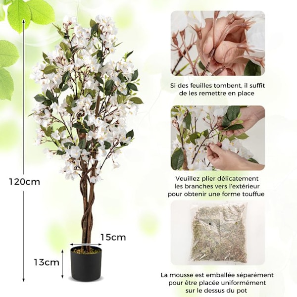 "120 cm Kunstig Bougainvillea Træ - COSTWAY - Kinesisk Potteplante med Blomster i Hvidt i Fuld Blomstring"
