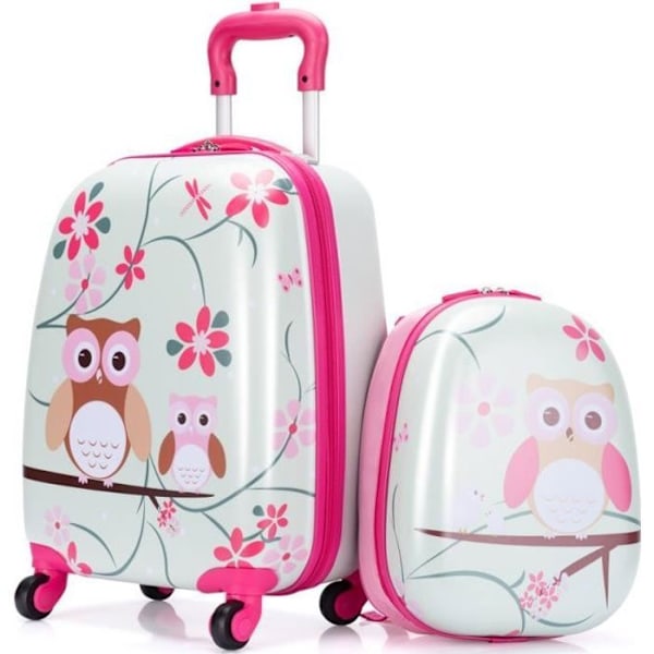 Trolleykuffert til børn - COSTWAY - Sødt uglemønster - Pink - ABS - 4 hjul Grönt och rosa