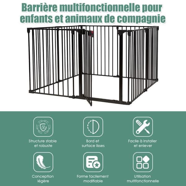 COSTWAY Børnesikring - Pejsesikring 500 cm - 8 Foldbare Paneler - Låsesystem - Nem Montering - Sort Svart