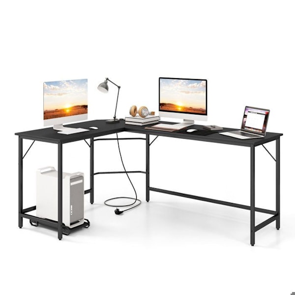 COSTWAY 168 x 125 cm kulmapöytä prosessorin pidikkeellä, 2 pistorasiaa ja USB & Type C -portti, tukeva metallirunko, musta