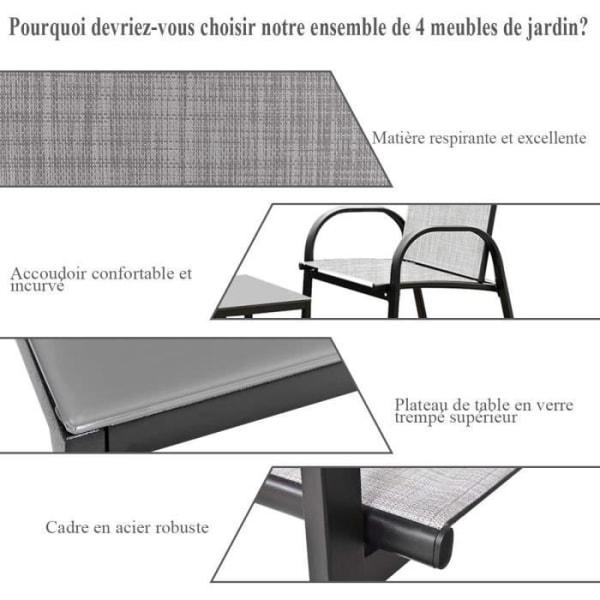 COSYWAY Trädgårdsmöbelset för 4 personer med 1 soffbord i glas, anti-UV snabbtorkande textiltyg, grått