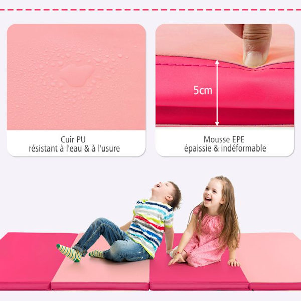 Foldbar gymnastikmåtte 240x116x5cm COSTWAY-4-lags PU-skum-2-håndtag-kroge og løkke-befæstelse-Aftageligt betræk-Pink+fersken