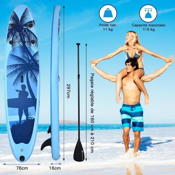COSTWAY Oppustelig Stand Up Paddle Board PVC 297x76x15CM med bæretaske Justerbar Paddle Bund Fin Håndpumpesnor