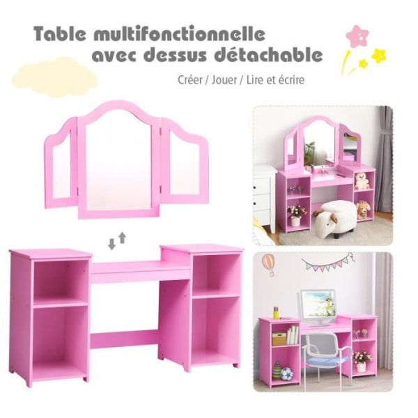 COSTWAY 2-i-1 sminkbord för barn med löstagbar spegel, barnskrivbord med 4 hyllor i prinsessstil för flickor, rosa
