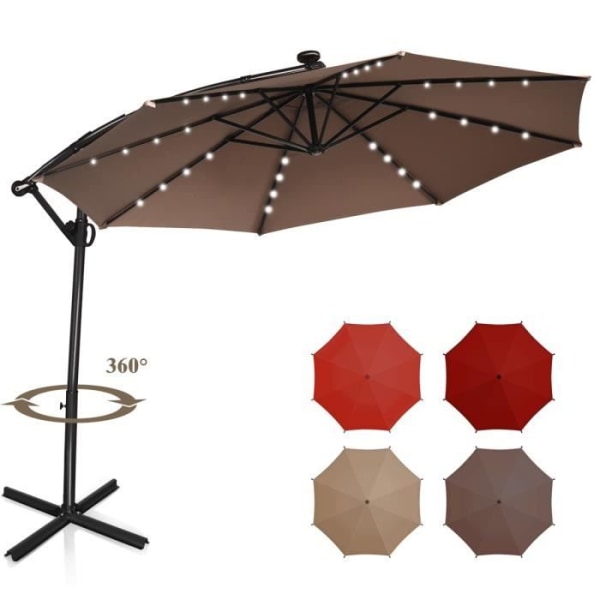 COSTWAY Parasol Déporté 3M med 24 Solcelle LED Lys, 360° Rotérbar Base, Krydsfod, Gear, Justerbar Vinkel Aluminium Stang Kaffefarvet kastanj