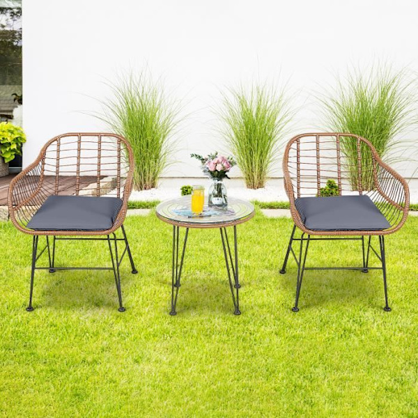 COSTWAY Rottinkiset puutarhakalusteet 2 nojatuolia + 1 sohvapöytä (lasitaso), irrotettavat tyynyt, bali-tyylinen luonnollinen väri
