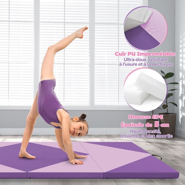 COSTWAY Foldbar Gymnastikmåtte 240 x 117 x 5 cm 4 Fold Taljeafskærmning i PU Læder med Selvklæbende Fastgørelser Lilla