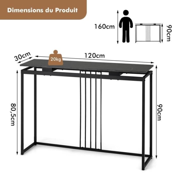 COSTWAY-konsoli, marmoritehoste sisäänkäyntiyksikkö - 120 x 30 x 90 CM (P x L x K) teräsrunko - yksinkertainen moderni tyyli musta