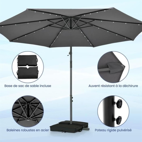 COSTWAY 3M Offset Parasoll med 40 LED-ljus Solpanel 6 timmar, Cross Base Sandsäck Polyestertyg UV 20+ Grå grå