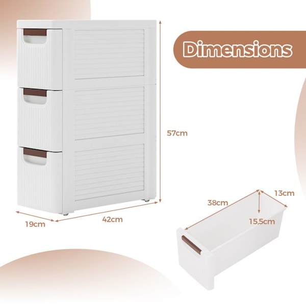 COSTWAY Smal Commode med 3 Skuffer, med Integrerede Hjul, til Badeværelse, Studie & Stue, 42 x 19 x 57 cm, Hvid Vit