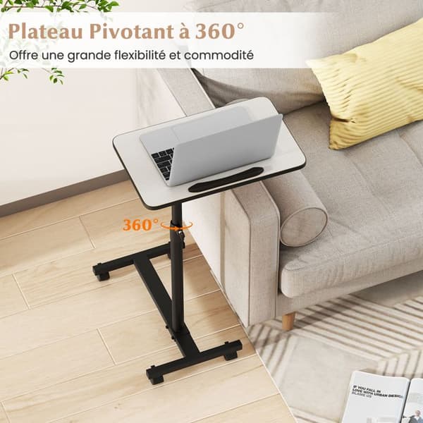 COSTWAY C-formet Justerbart Sidebord 52x33x69-112 cm - Kipping 360° Drejbart Bordplade til Sofa, Grå