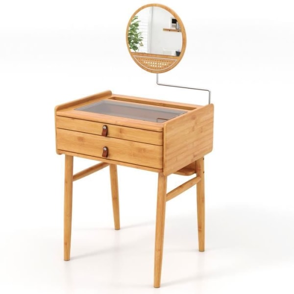 COSTWAY Bambu Sminkbord med vridbar spegel, Skiva av härdat glas, Sminkbord med 2 lådor, halkfria fötter