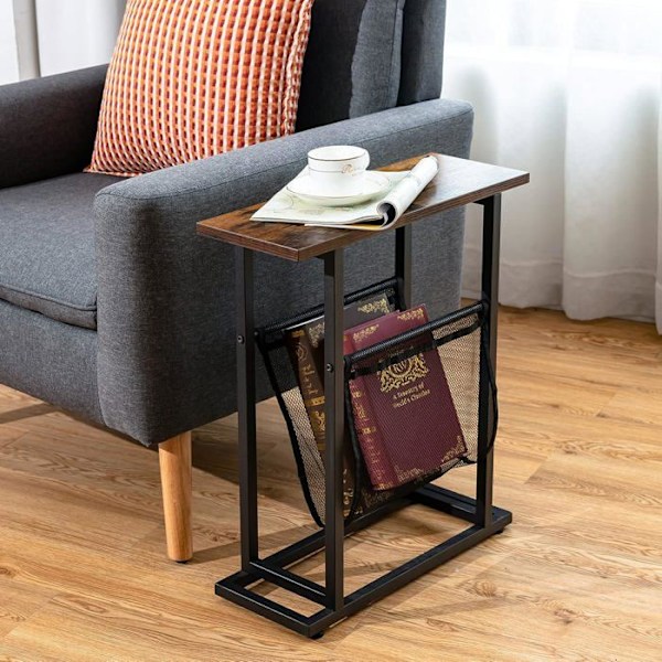 COSTWAY smalt sidebord i industriel stil, med netmagasinstativ og justerbare glider, til stue, soveværelse, kontor