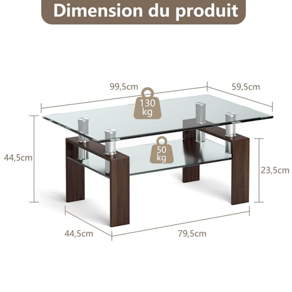 COSTWAY Sofabord med 2 Niveauer, Rektangulært Bord med Hylde, Tempereret Glasplade, Stålben, 99x60x44,5CM, Brun Brun