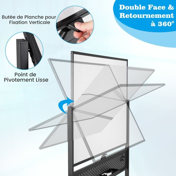 Mobil magnetisk tavle 120 x 90 cm COSTWAY - Dry Erase - Dobbeltsidet 360° - Pegboard og tilbehør - 2 højder - Sort