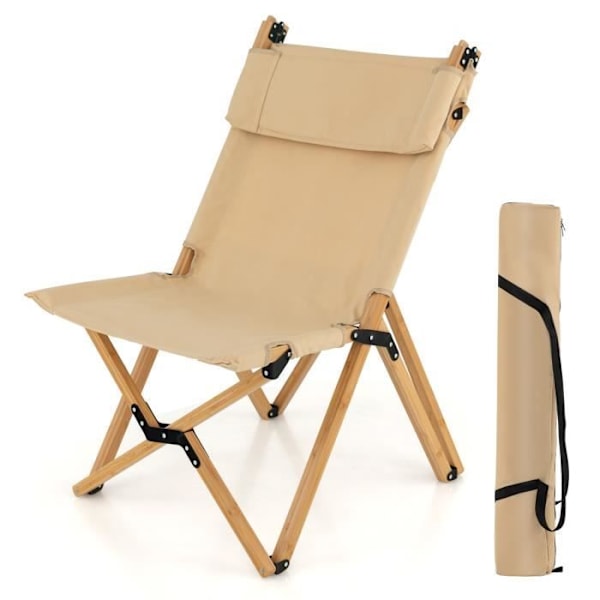 COSTWAY Fällbar campingstol Justerbart ryggstöd Bambu Canvas ram med väska last 150 kg för fiske picknick naturligt
