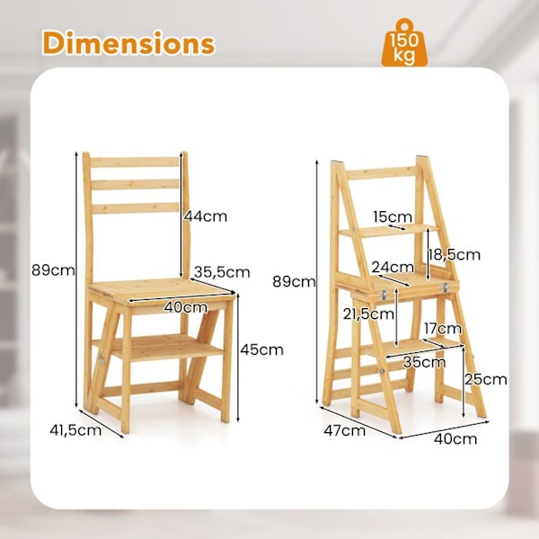 COSTWAY Foldbar trinstigestol-3-trins bambus konvertibel trinstige-Alsidig 3-i-1-skridsikker pude-Kapacitet på 150 KG naturlig