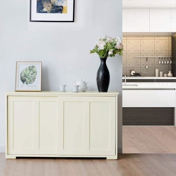 Contemporary Low Sideboard - Sideboard - Glansigt Vitlackerad - Skjutdörrar - 2 MDF-hyllor Beige