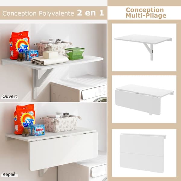 COSTWAY Fällbart Väggbord - Hopfällbara brickor 80×60 cm (L x B)-Möbelfoajé för Studenter, Lägenheter, Kök Vit