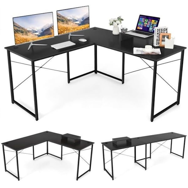 COSTWAY-kulmapöytä - 150 x 150 x 74 CM - Säädettävissä suoraksi työpöydäksi, iso pöytä 2 hengelle, musta Svart