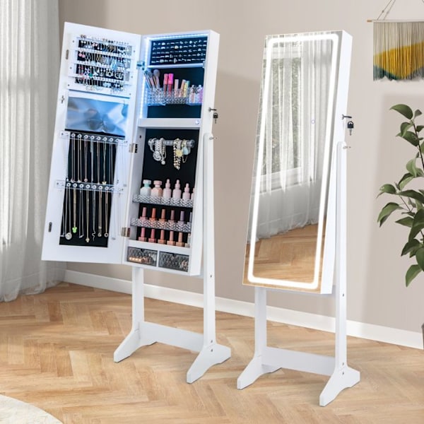 COSTWAY Fritstående smykkegarderobe med LED-lys, 3 justerbare vinkler, låsbar dør, spejl i fuld længde, hvid Vit