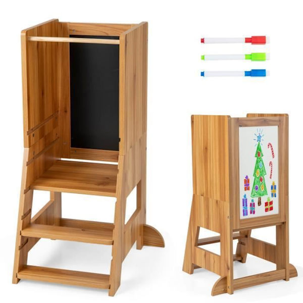 COSTWAY Trä Montessori Learning Tower-Kök Pall-Bräde-3 vattenbaserade pennor-Walk,Justerbar höjd-Naturlig