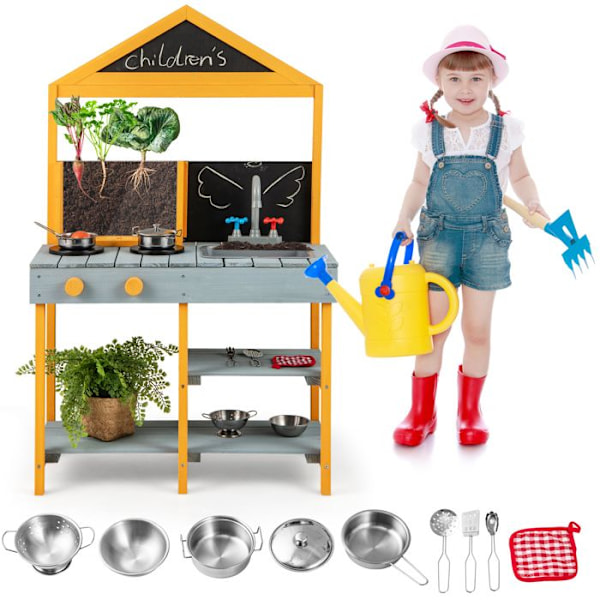 COSTWAY Kök Barn 3 År+, 8 Tillbehör med Svart Tafel & Leklåda i Furu, Rotationskran & Avtagbar Diskho Blå