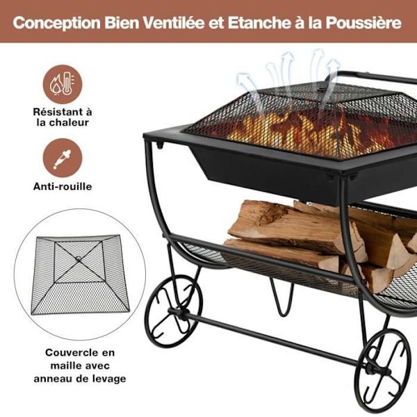 COSTWAY Wood Log Carrier 3 i 1 udendørs brazier med gnistfanger og opbevaringsstøtte belastning 50 kg 2 praktiske hjul sort Svart