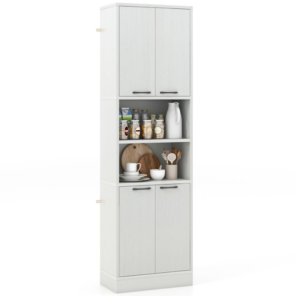 190 cm hög köksskänk - COSTWAY - Dörrar och hyllor - Säkerhetsgångjärn - Anti-tiltsats - Vit ek vit ek